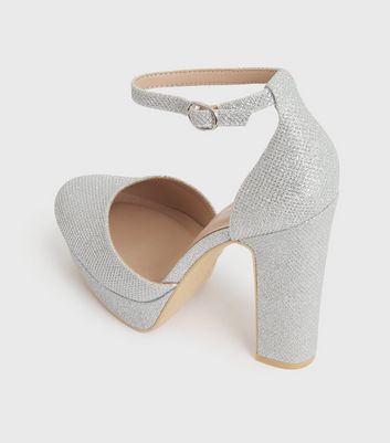 silver block heel court shoes