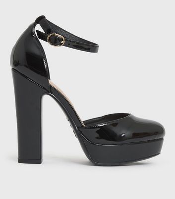 Black Patent Platform Block Heel Court Shoes New Look