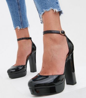 Black Patent Platform Block Heel Court Shoes | New Look