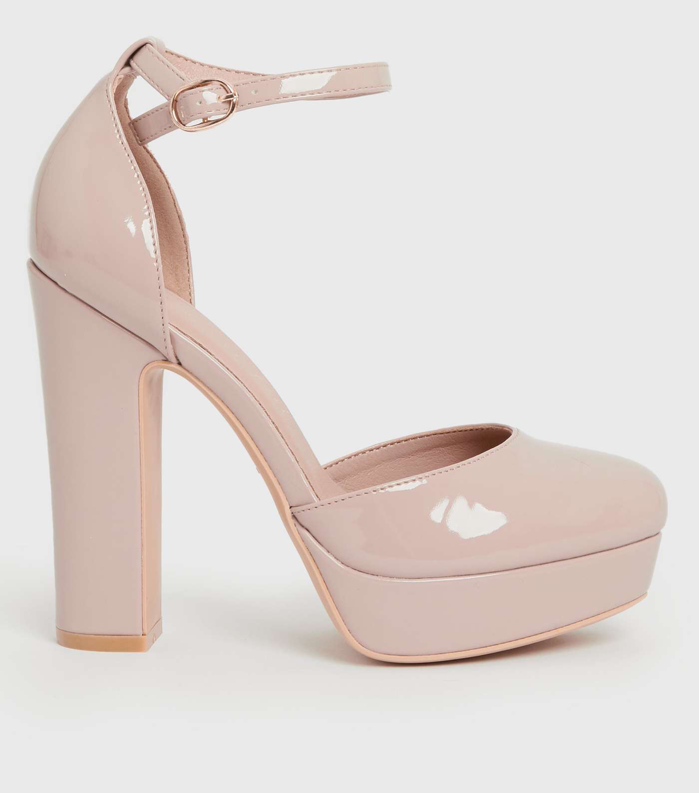 Pale Pink Patent Platform Block Heel Court Shoes