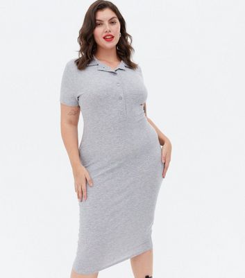 Click to view product details and reviews for Curves Grey Ribbed Jersey Midi Bodycon Polo Dress New Look.