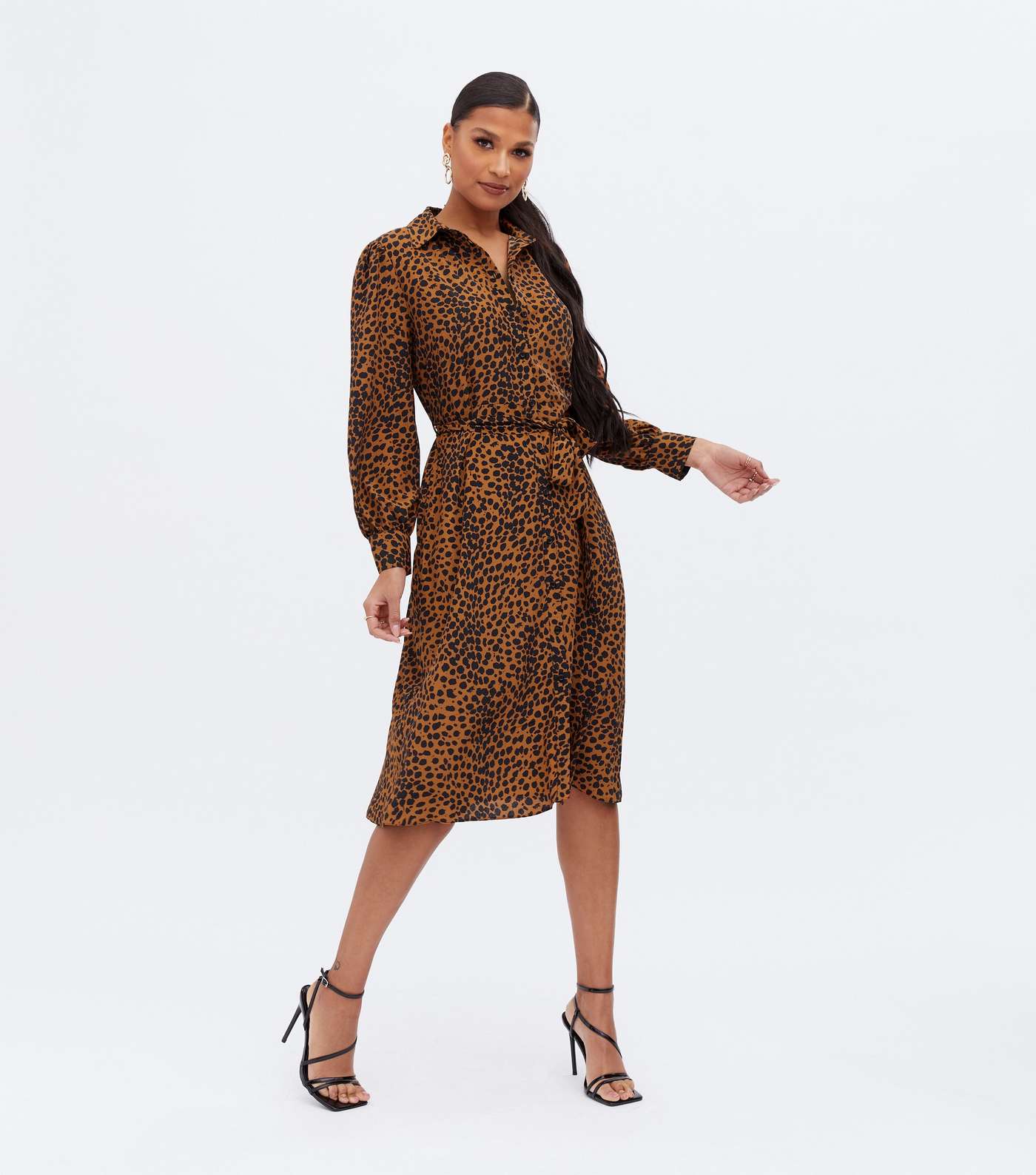 Brown Leopard Print Belted Midi Shirt Dress