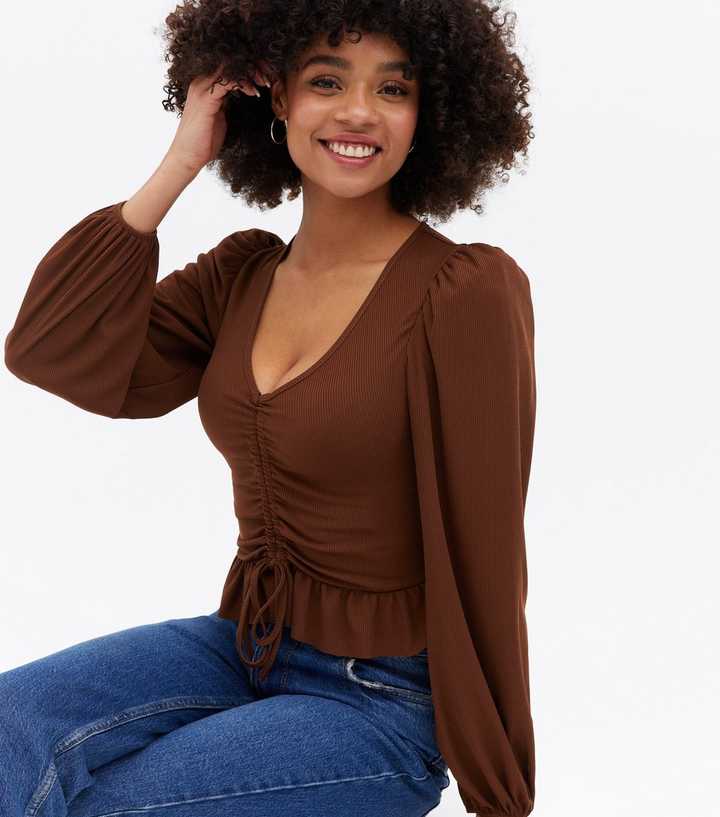 Brown Ribbed Frill Ruched Long Sleeve Top | New Look