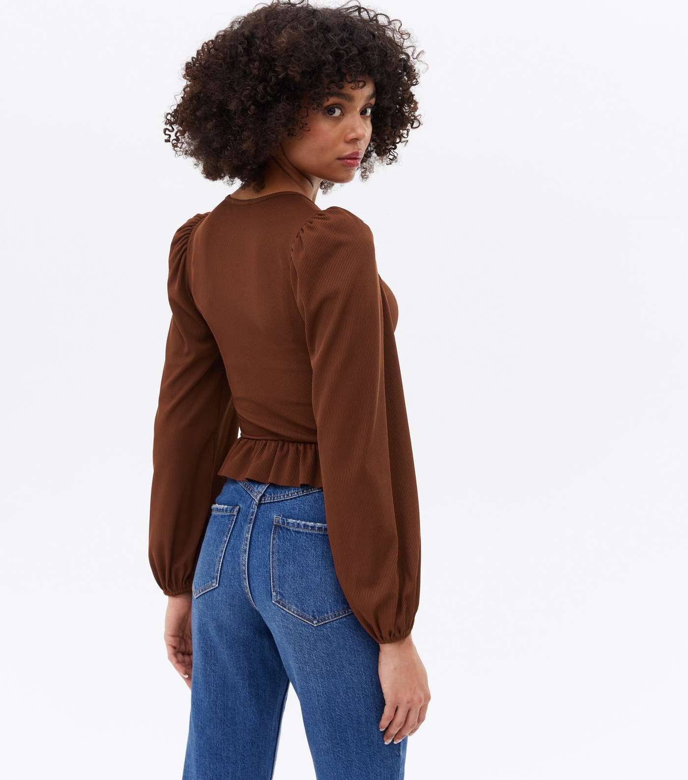 Brown Ribbed Frill Ruched Long Sleeve Top Image 4