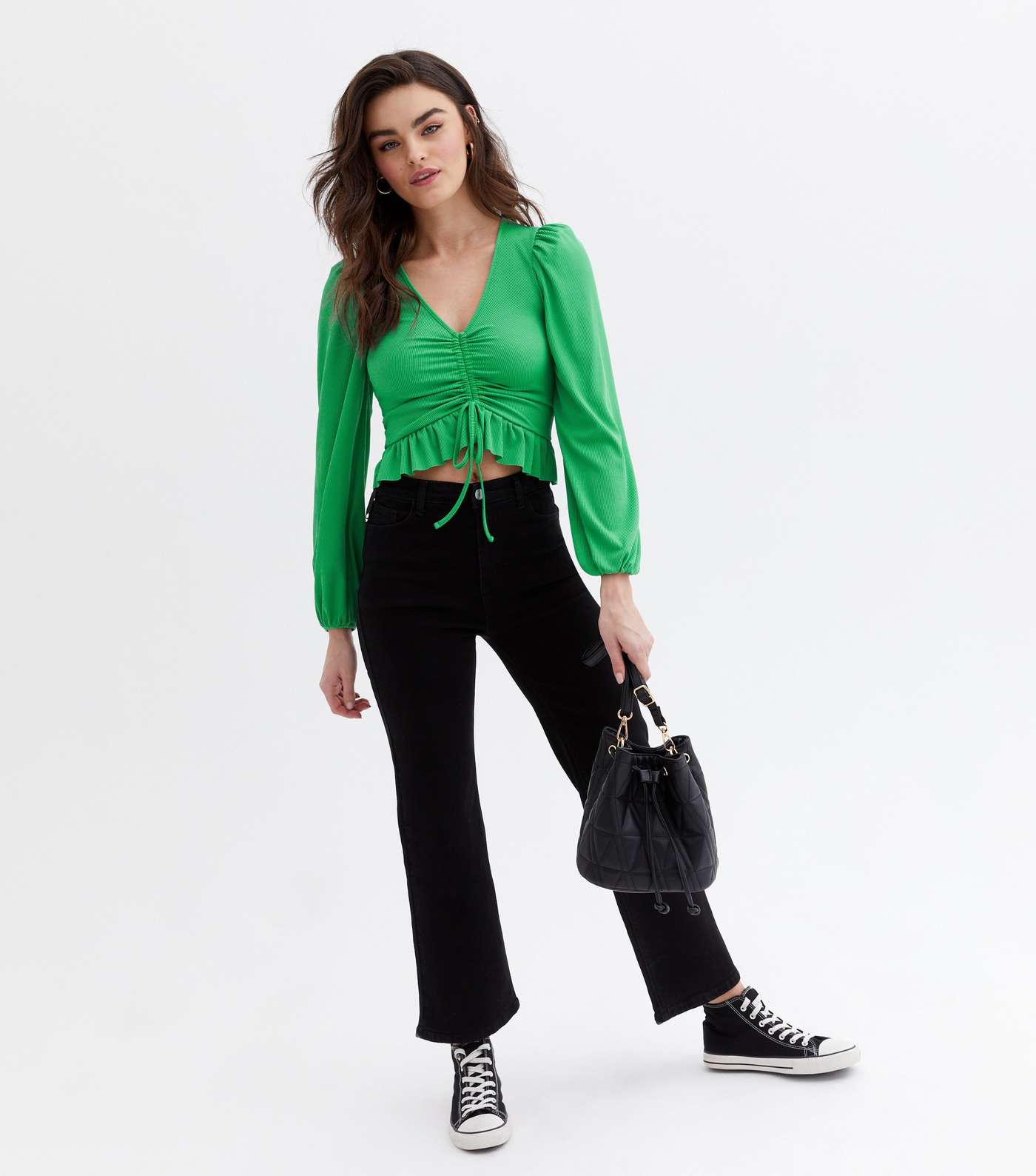 Green Ribbed Frill Ruched Long Sleeve Top Image 2