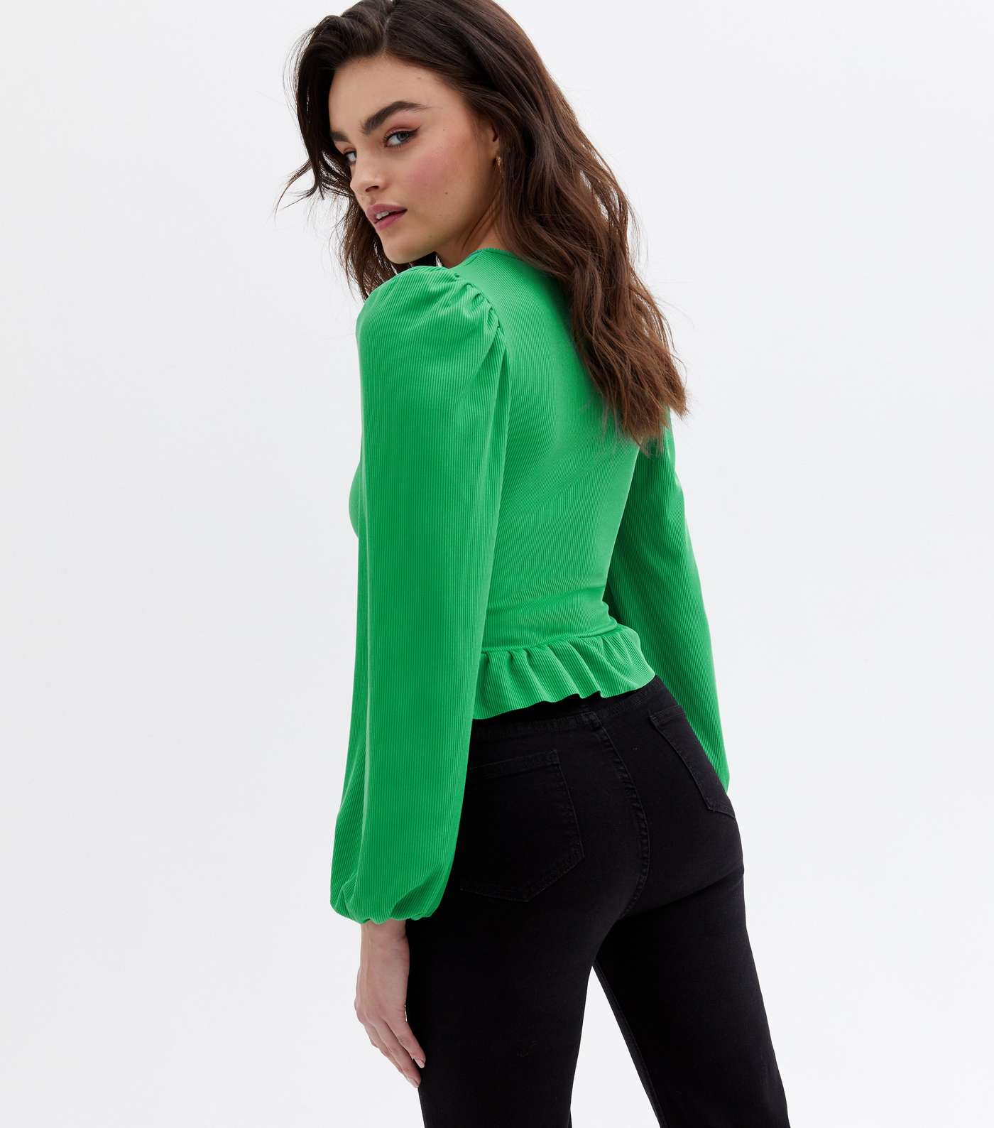 Green Ribbed Frill Ruched Long Sleeve Top Image 4