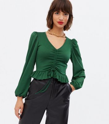 Dark Green Ribbed Frill Ruched Long 
