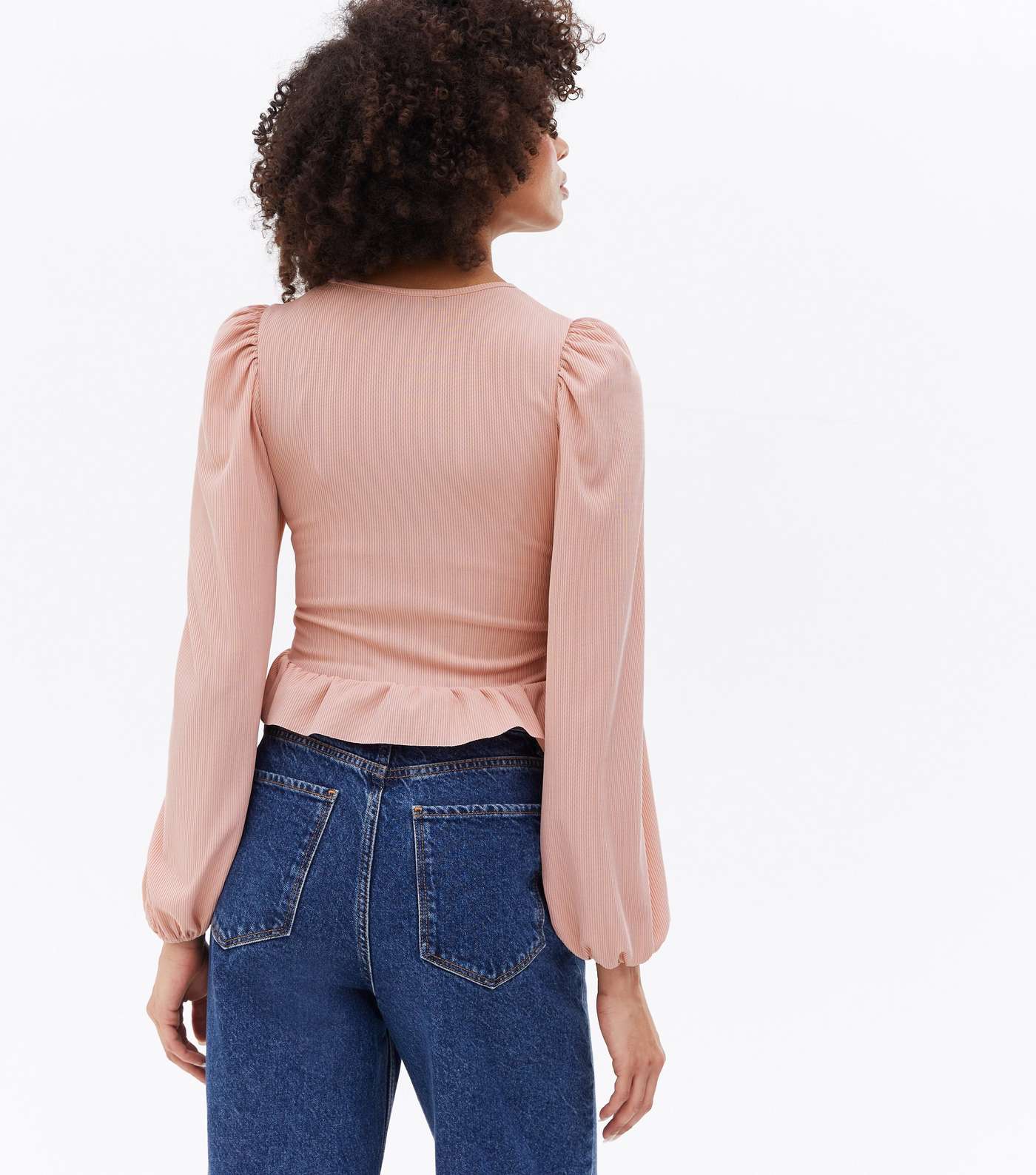 Pink Ribbed Frill Ruched Long Sleeve Top Image 4
