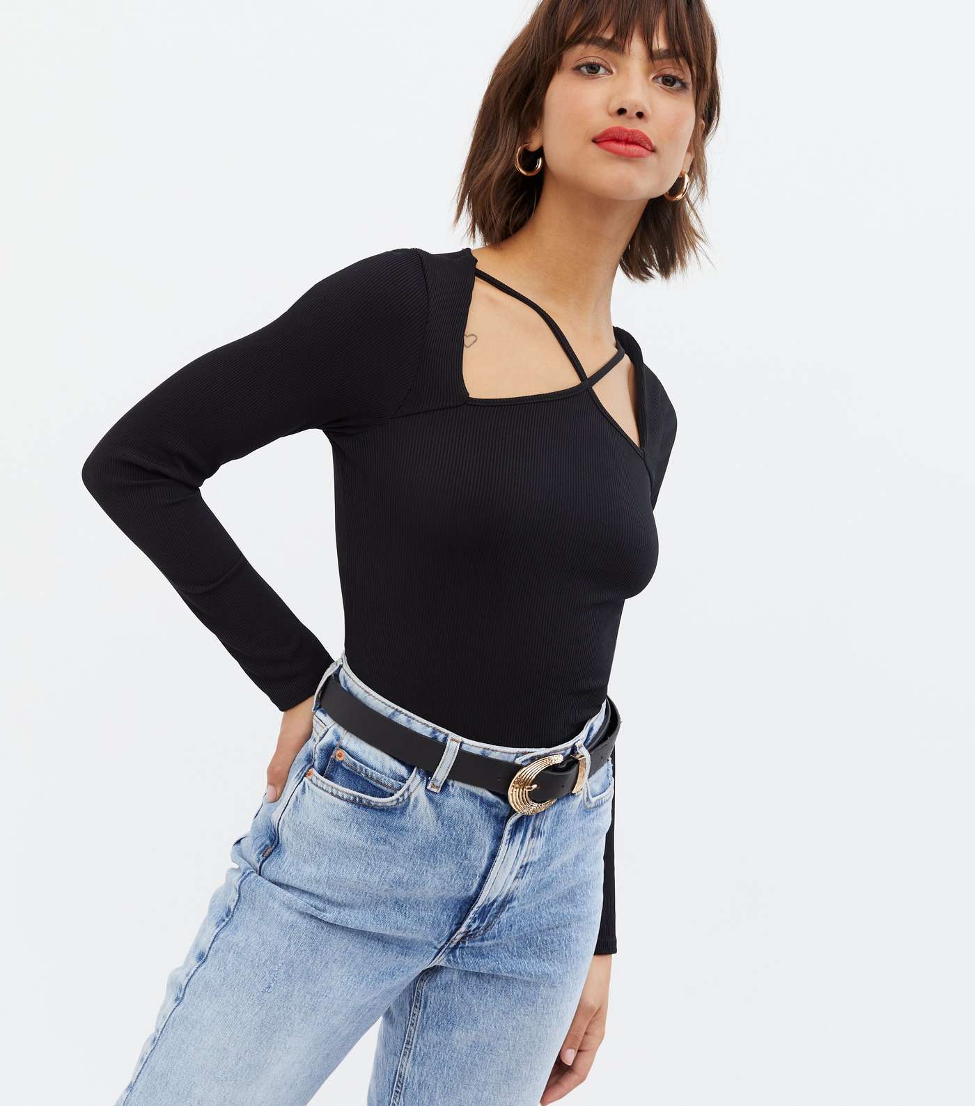 Black Cut Out Strappy V Neck Top
