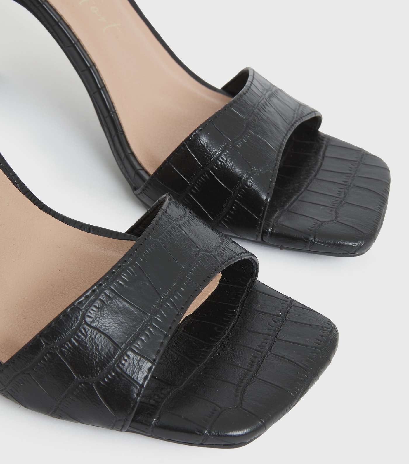 Black Faux Croc Ankle Tie Block Heel Sandals Image 3