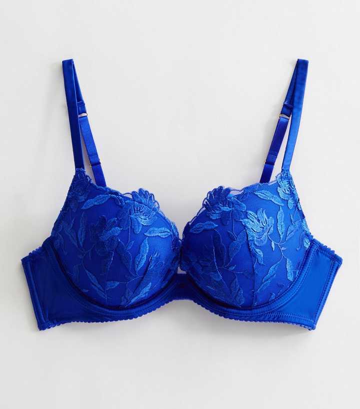 Bright Blue Floral Embroidered Push Up Bra