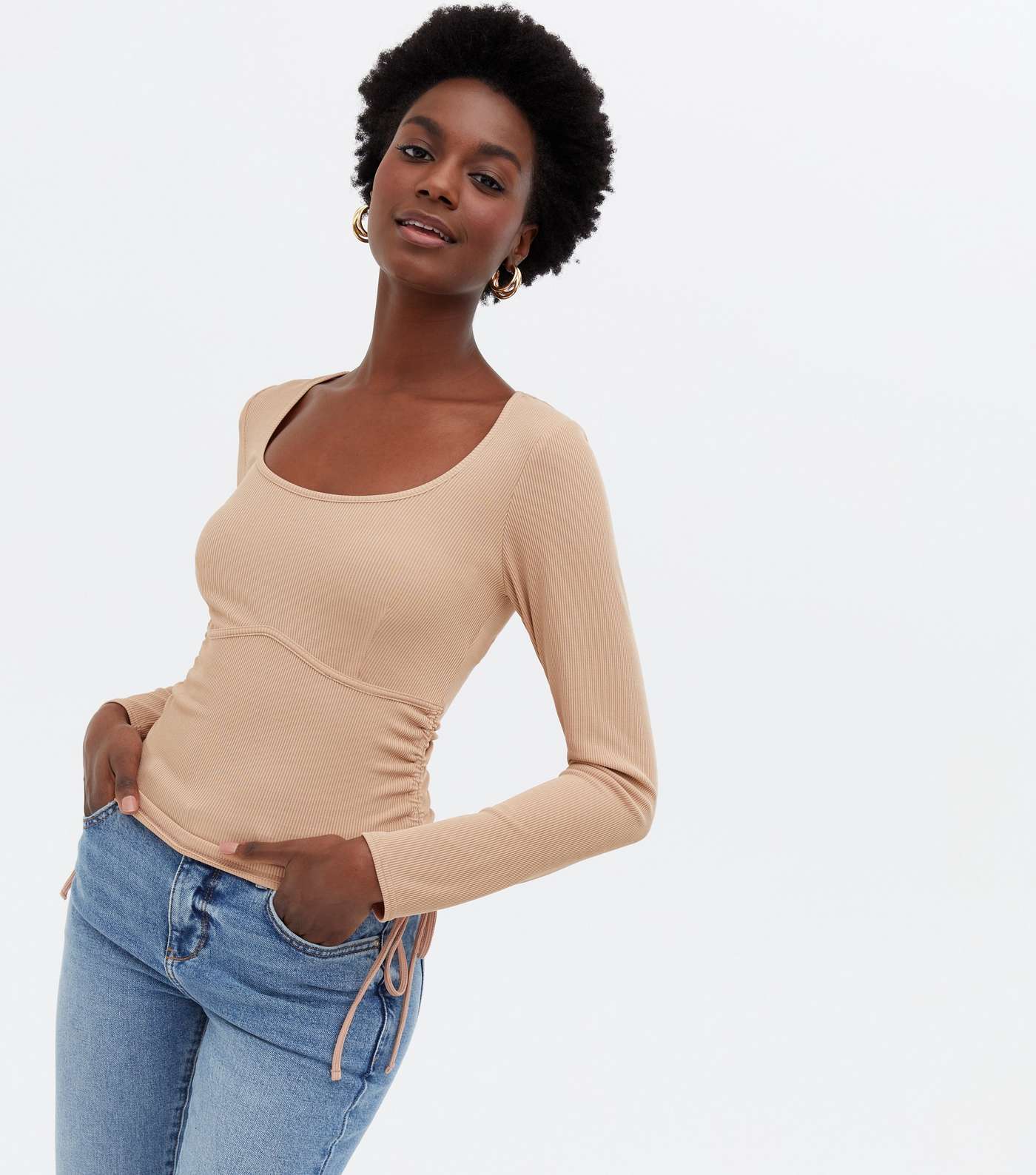 Camel Ribbed Ruched Tie Side Scoop Neck Top