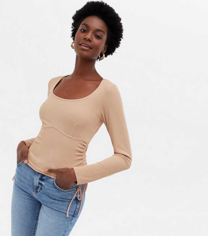 Camel Ribbed Ruched Side Scoop Neck | New Look