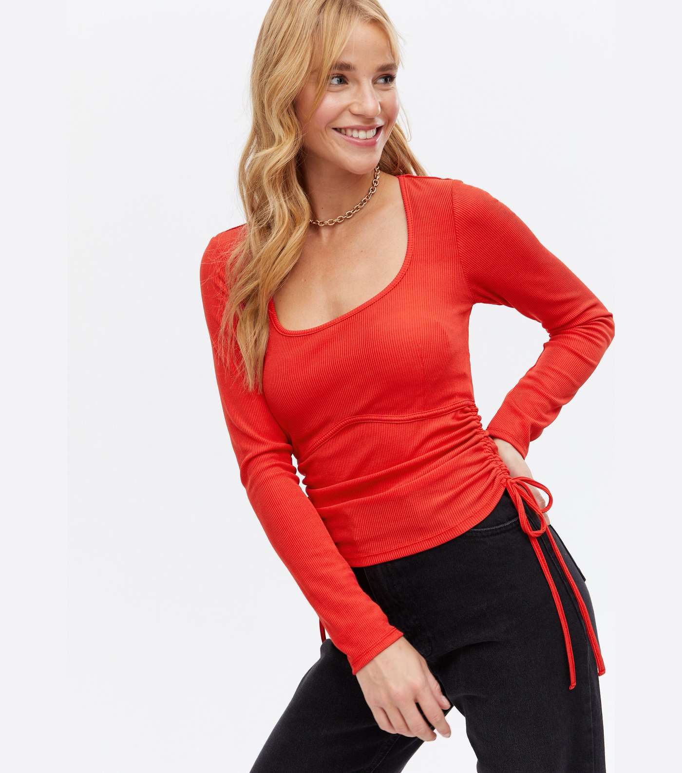 Red Ribbed Ruched Tie Side Scoop Neck Top