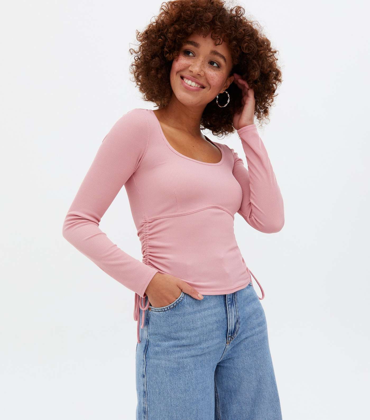 Mid Pink Ribbed Ruched Tie Side Scoop Neck Top