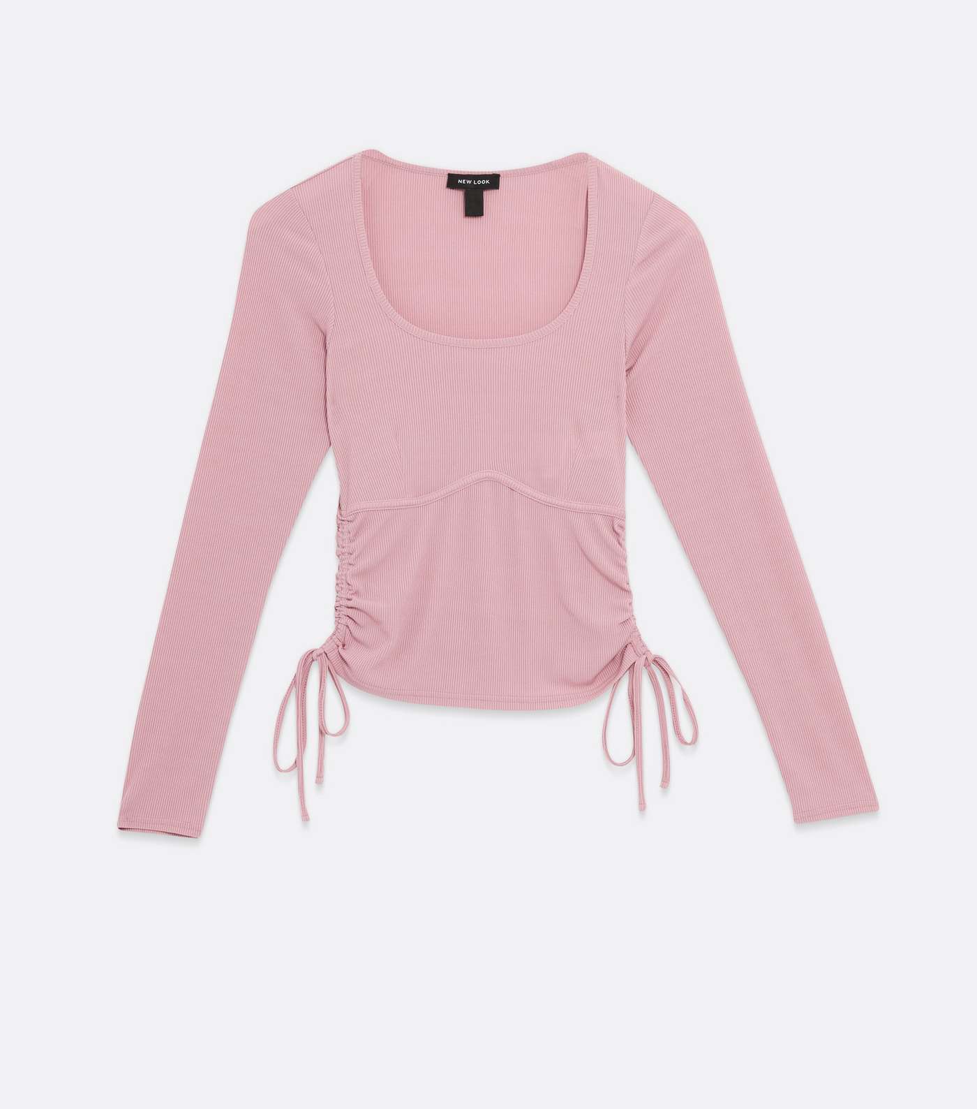 Mid Pink Ribbed Ruched Tie Side Scoop Neck Top Image 5