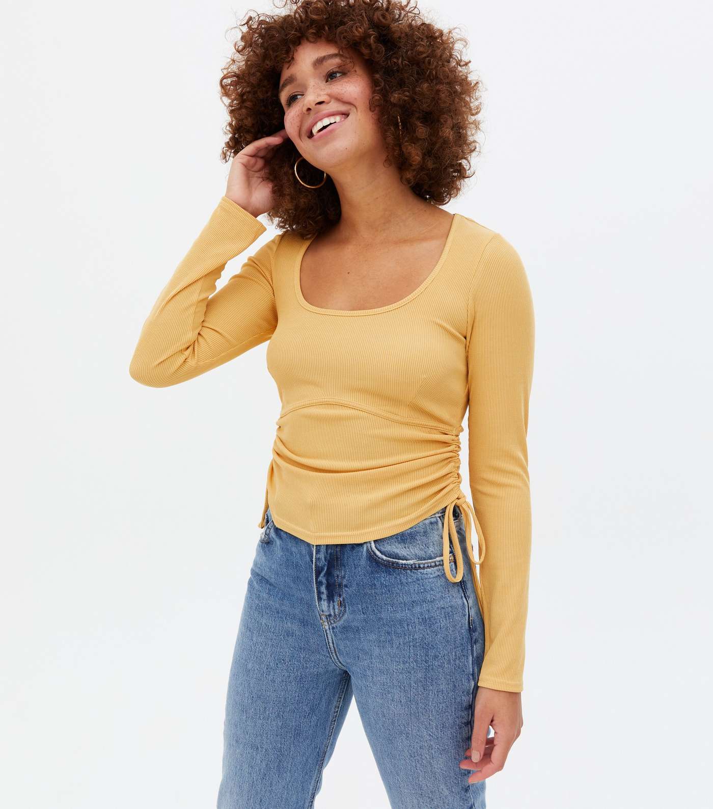 Yellow Ribbed Ruched Tie Side Scoop Neck Top