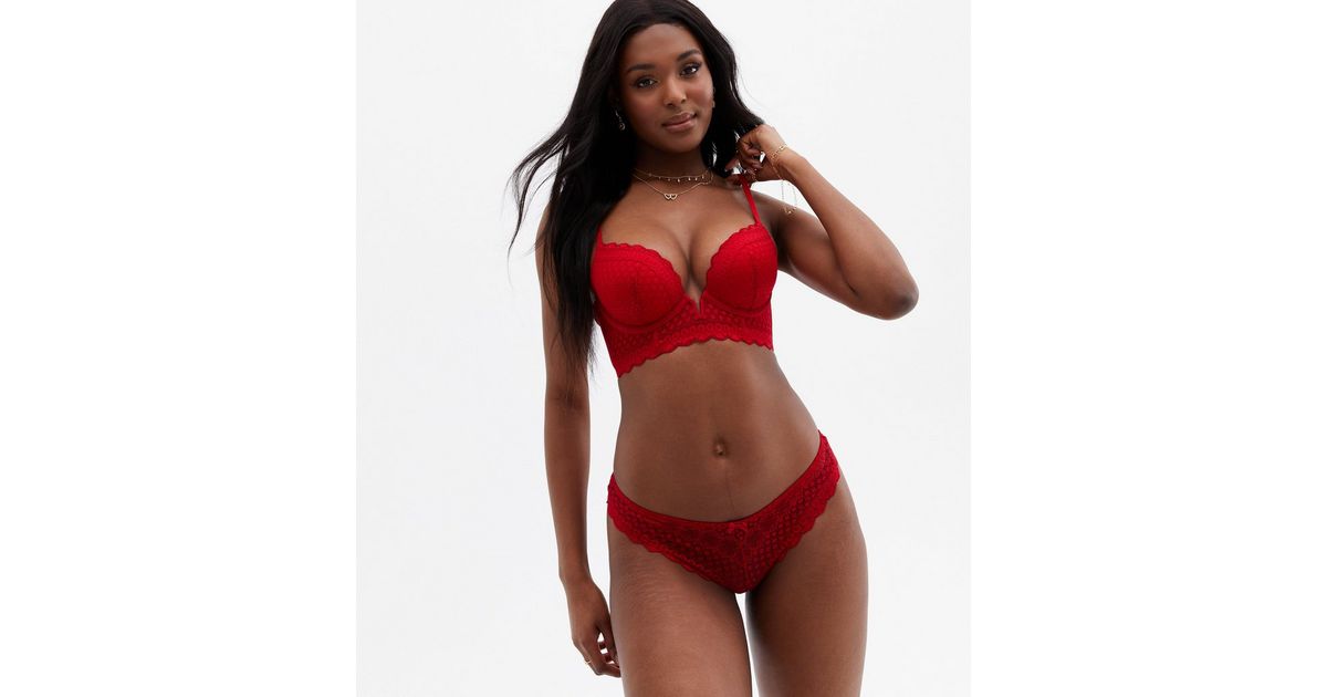 Red Linear Lace Underwired Plunge Bra