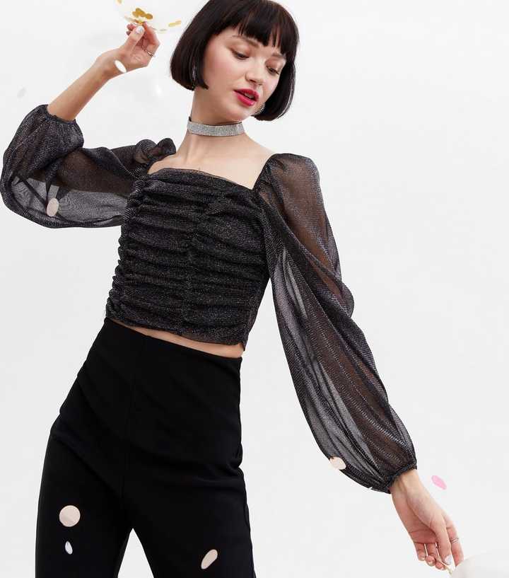 Black Mesh Ruched Long Sleeve Top, Tops