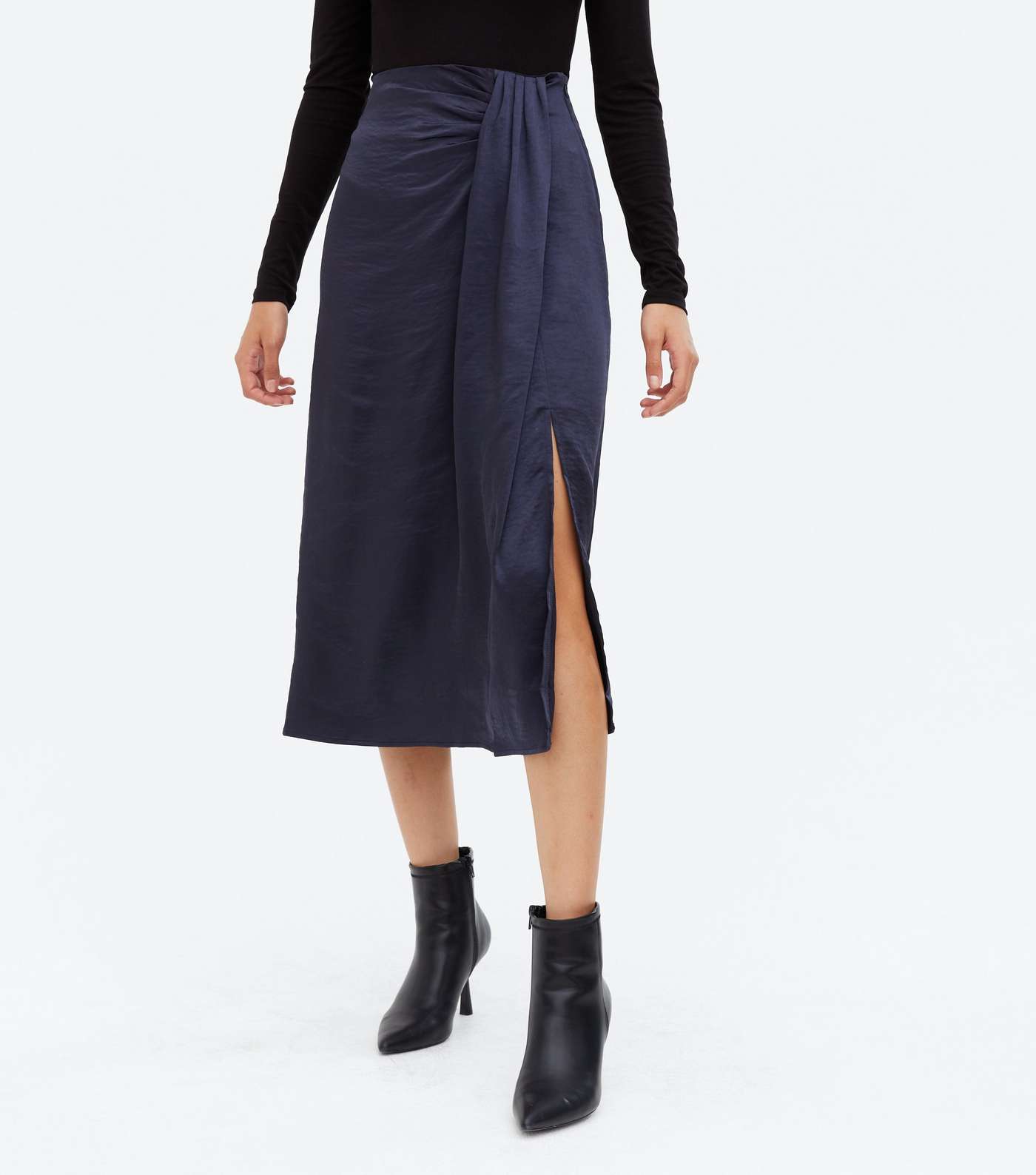Blue Vanilla Navy Satin Pleated Midi Skirt Image 2