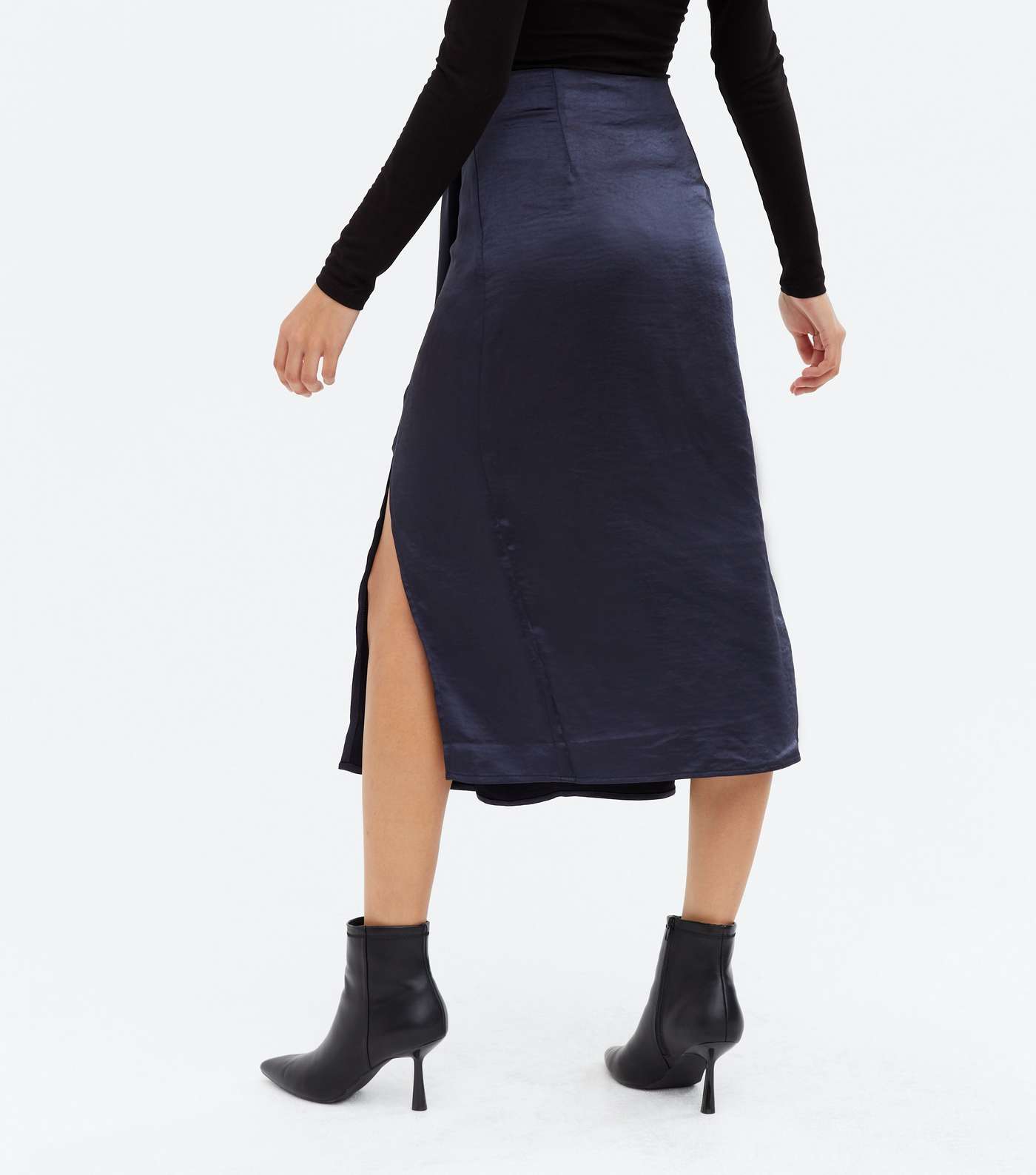 Blue Vanilla Navy Satin Pleated Midi Skirt Image 4