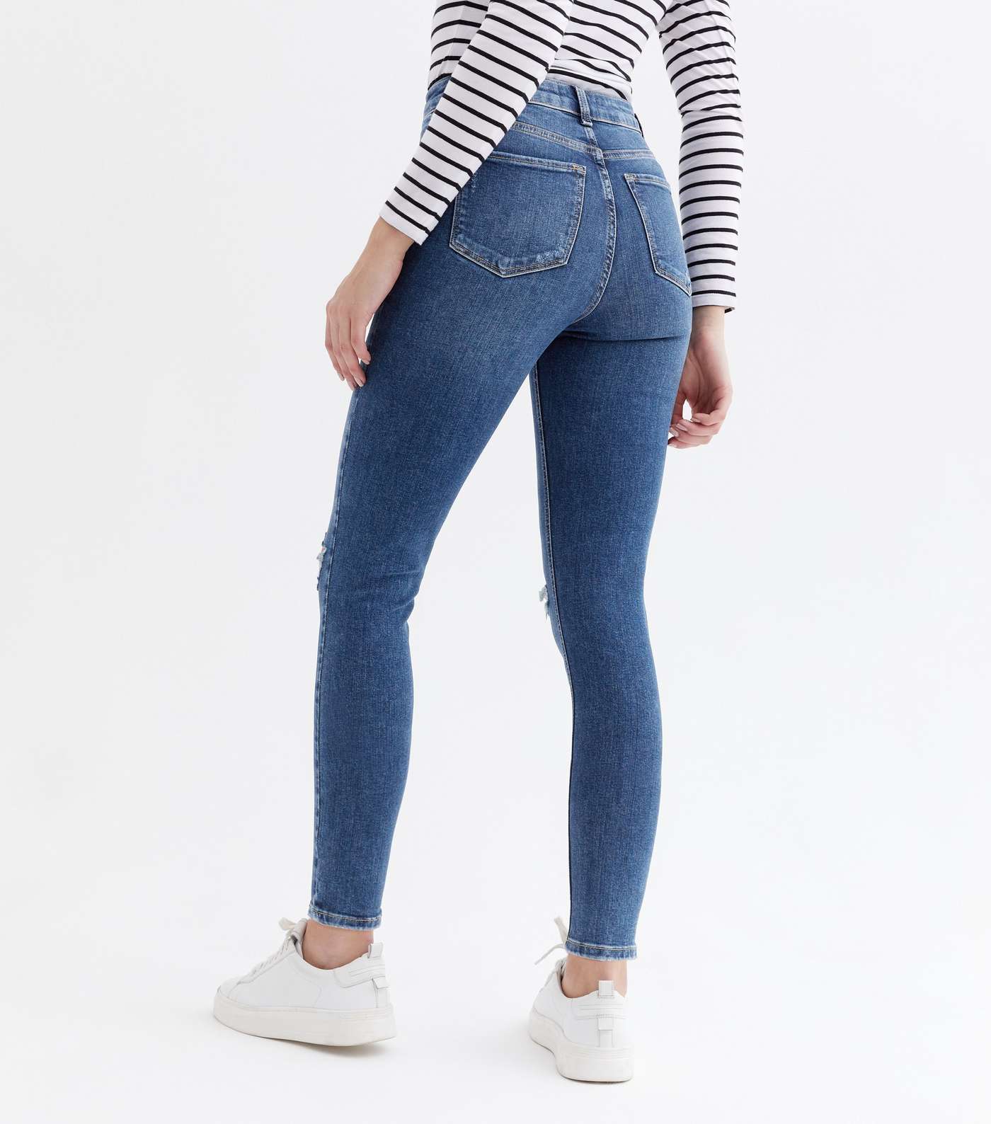 Blue Ripped Knee High Waist Ashleigh Skinny Jeans Image 4