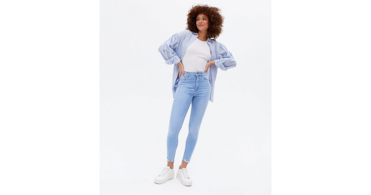 Bright Blue Raw Hem High Waist Ashleigh Skinny Jeans | New Look