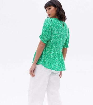 Green Abstract Puff Sleeve Peplum Blouse New Look