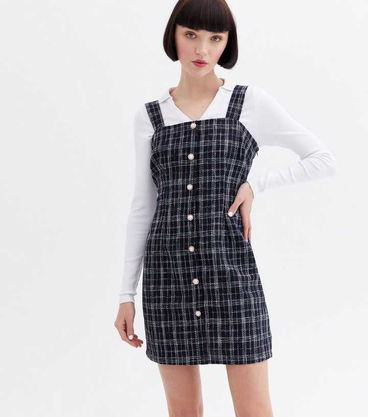 Navy Check Bouclé Faux Pearl Button Pinafore Dress