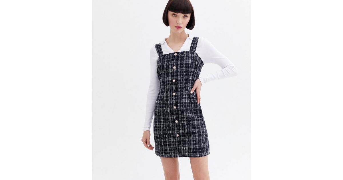 Navy Check Bouclé Faux Pearl Button Pinafore Dress | New Look