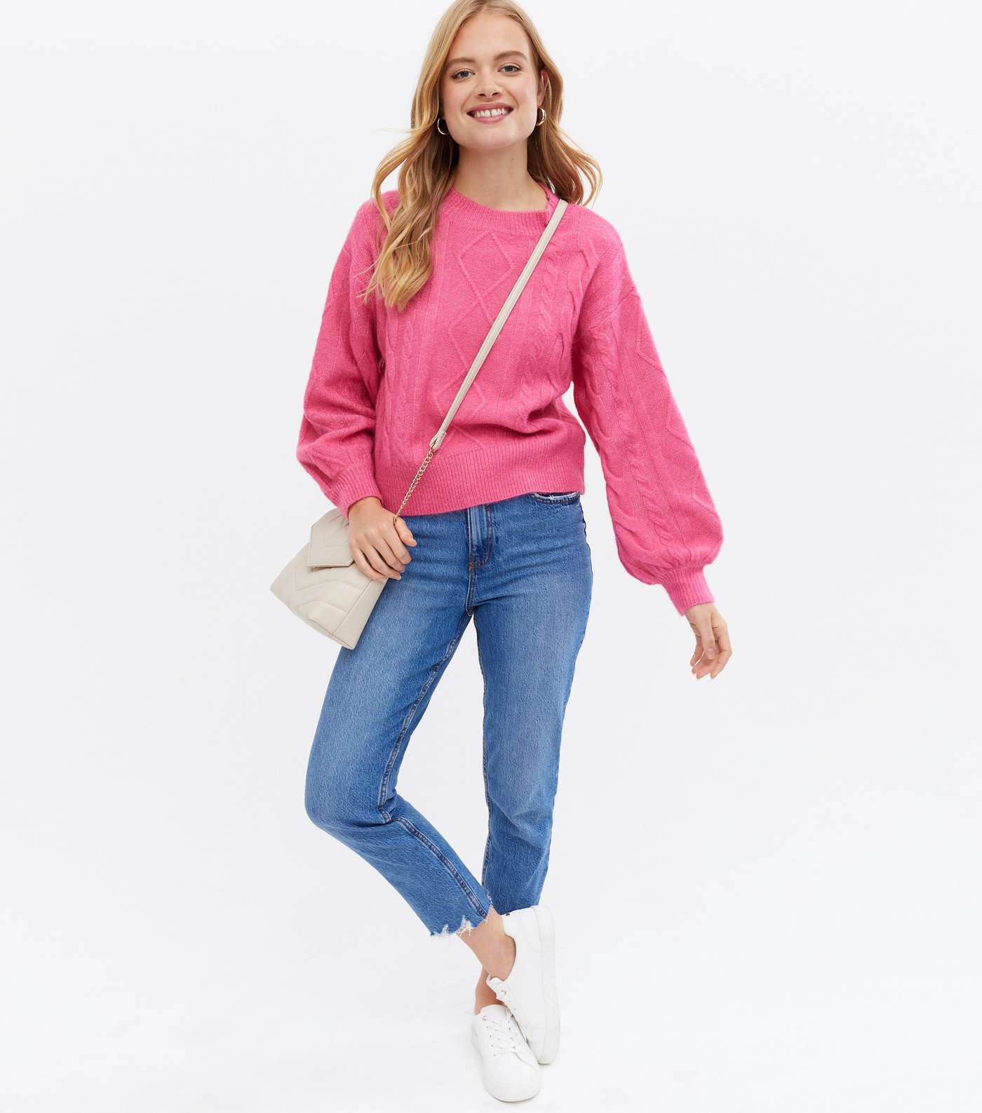 Sunshine Soul Bright Pink Cable Knit Puff Sleeve Jumper Image 2