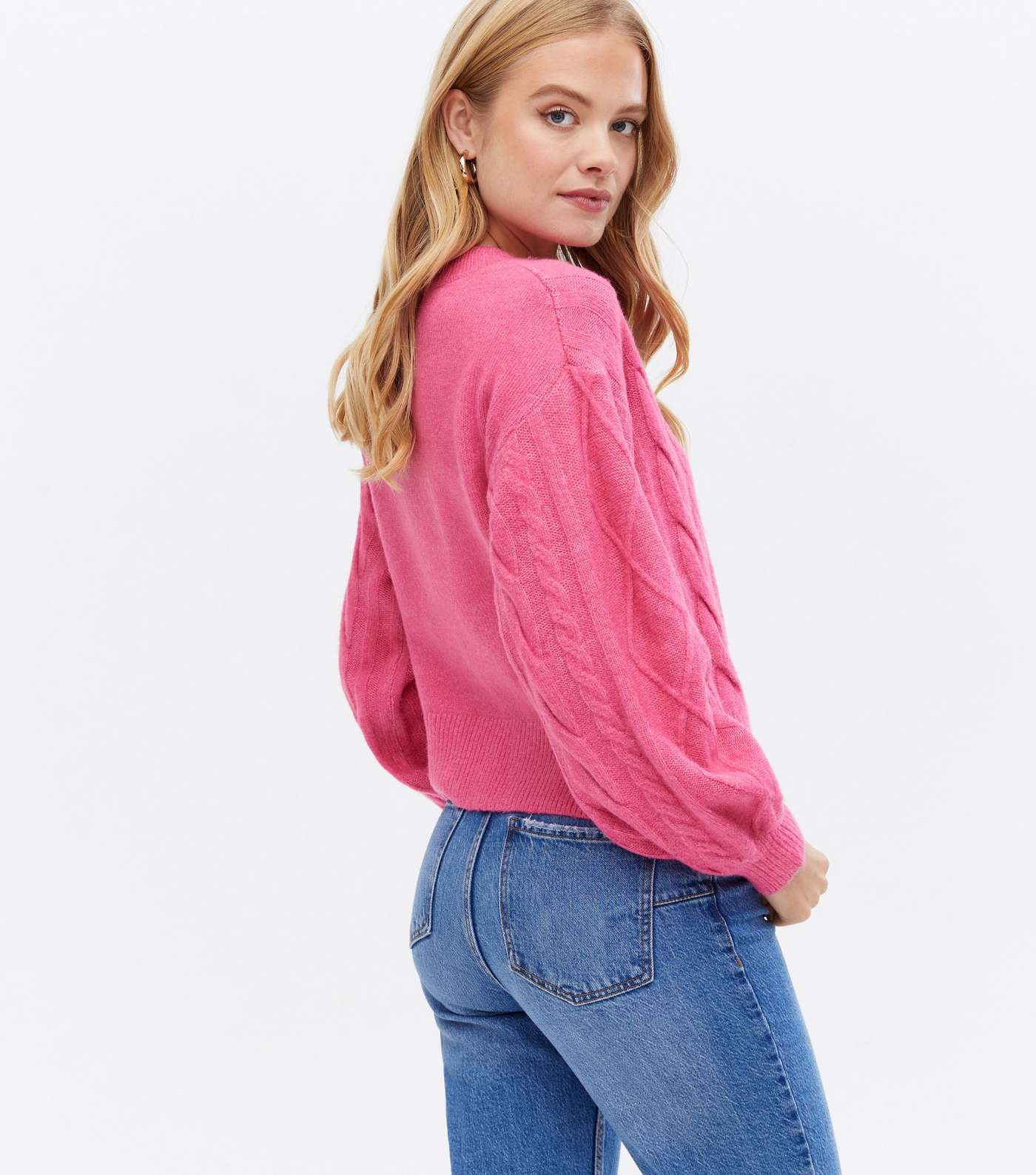 Sunshine Soul Bright Pink Cable Knit Puff Sleeve Jumper Image 4