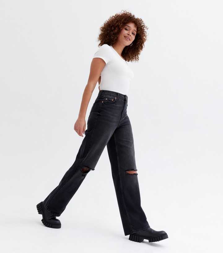 Black Ripped Knee High Baggy Jeans | Look
