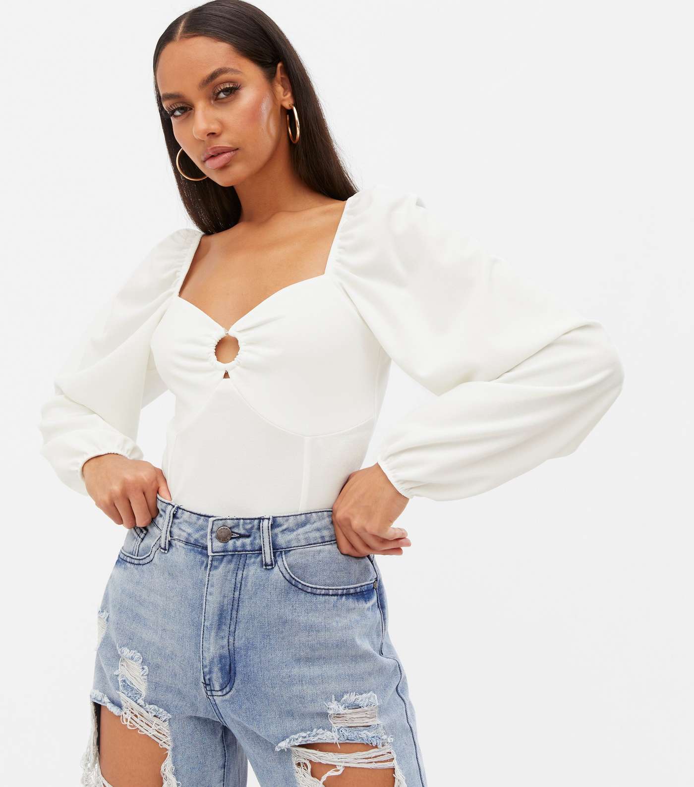 Off White Ring Front Puff Sleeve Blouse