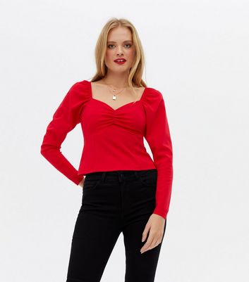 Red Sweetheart Puff Sleeve Top New Look