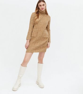 Blue Vanilla Camel Cable Knit Roll Neck Dress New Look