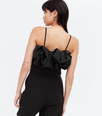 Pink Vanilla Black Satin Ruffle Crop Cami New Look