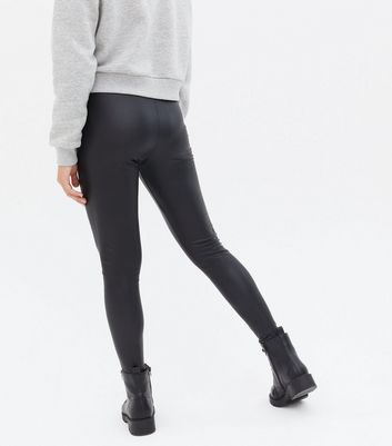 Topshop Women's Black Leggings wi Leather Look Waist Band & Seams Size 12  NWD | eBay
