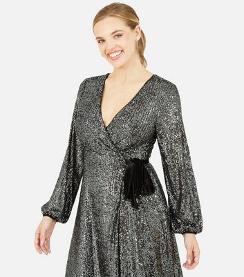 Yumi Black Sequin Wrap Mini Dress | New 