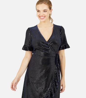 Click to view product details and reviews for Yumi Navy Metallic Spot Velvet Frill Midi Wrap Dress New Look.