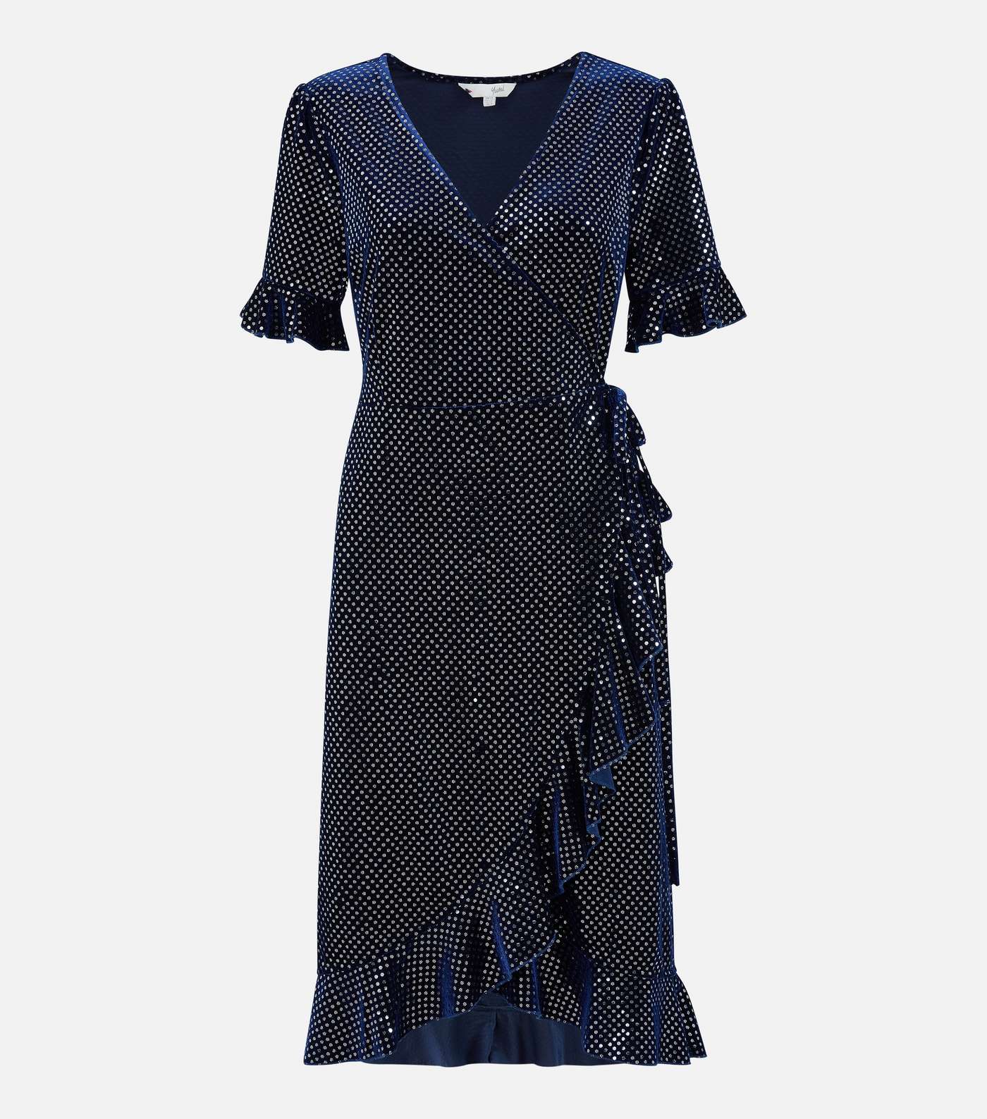 Yumi Navy Metallic Spot Velvet Frill Midi Wrap Dress Image 4