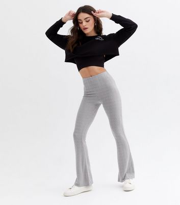 Grey Dogtooth Textured Flared Trousers 