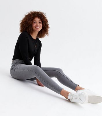 Click to view product details and reviews for Dark Grey High Waist Hallie Super Skinny Jeans New Look.
