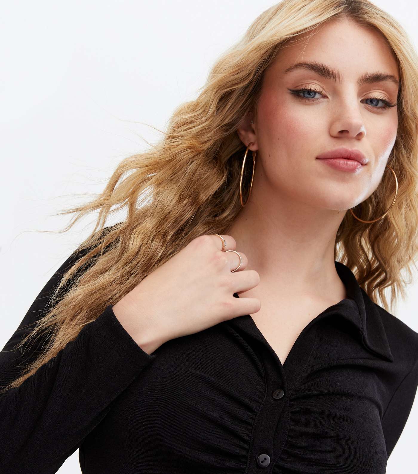 Black Ruched Button Front Collared Shirt Image 3