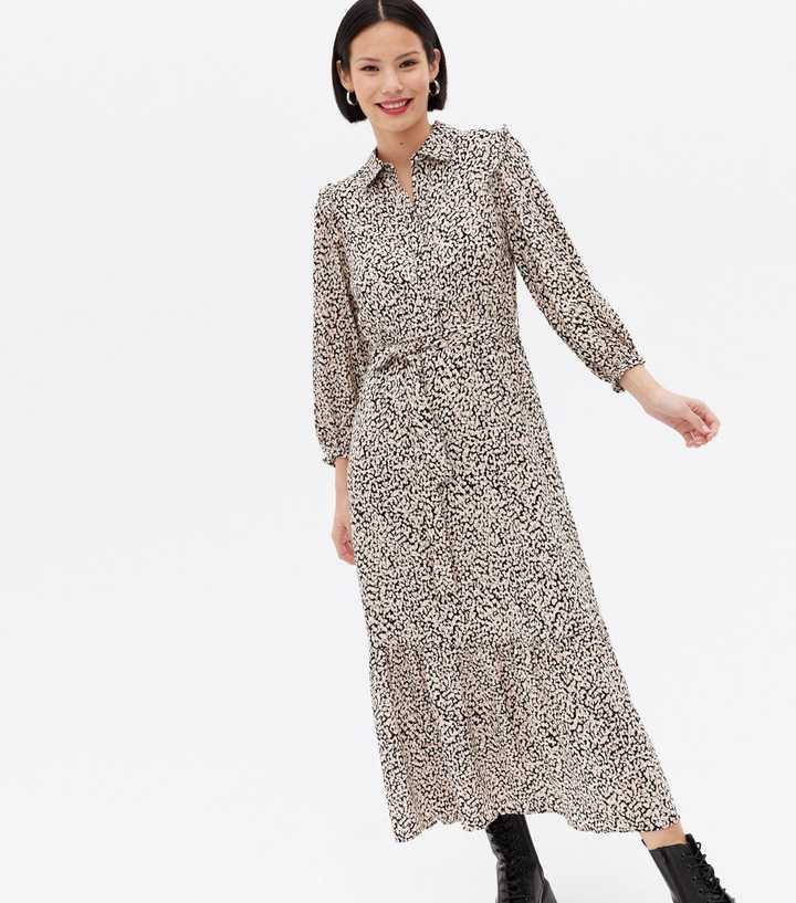 Pink Animal Print Tie Waist Tiered Midi Shirt Dress | New Look