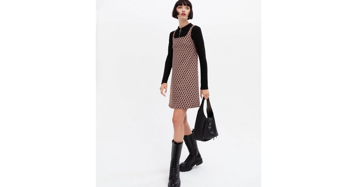 Rust Abstract Jacquard Jersey Pinafore Dress New Look