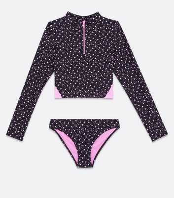 Girls Black Heart Long Sleeve Bikini Set