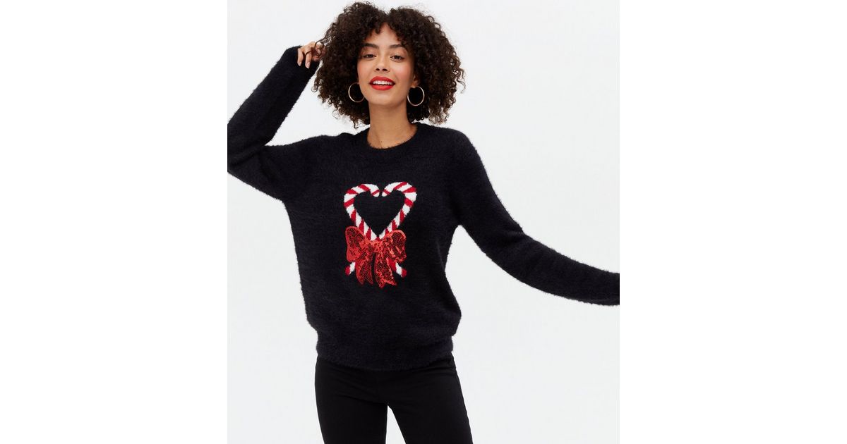 Tall Black Fluffy Candy Cane Christmas Jumper New Look
