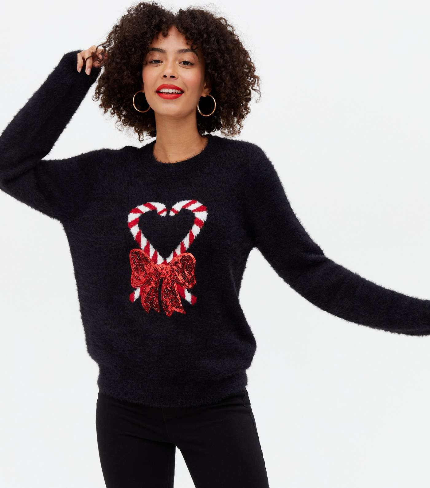 Tall Black Fluffy Candy Cane Christmas Jumper