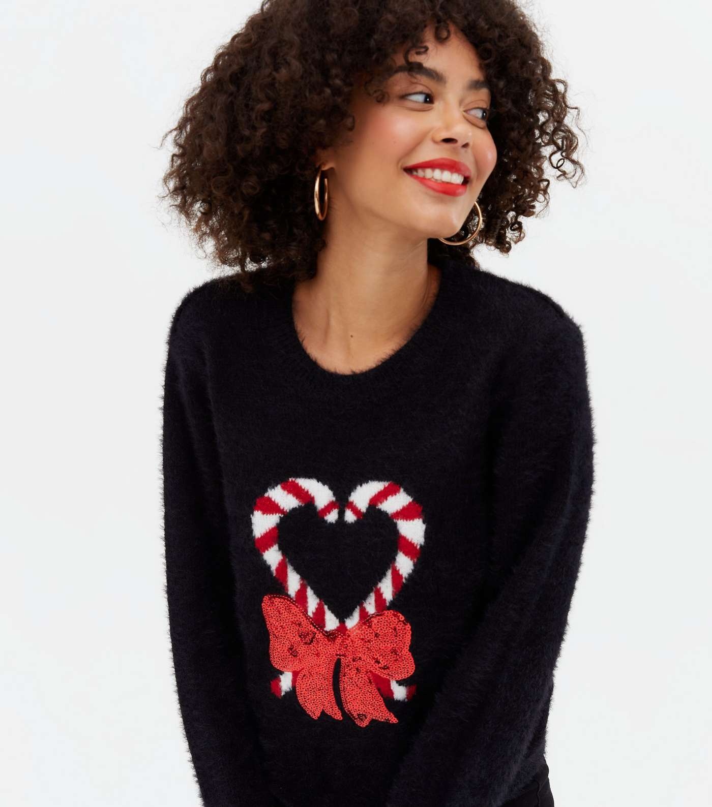 Tall Black Fluffy Candy Cane Christmas Jumper Image 3